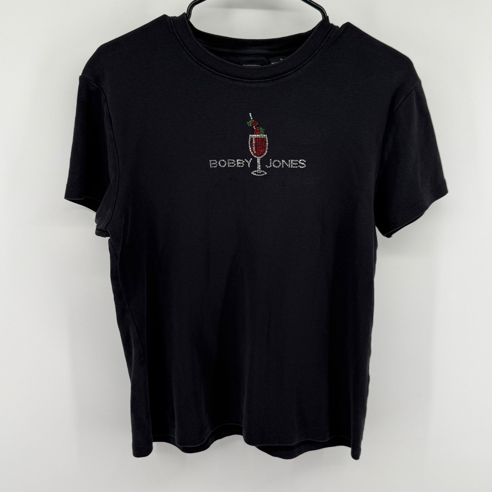 Kate Lord Bobby Jones Black Rhinestone Cocktail Graphic T-Shirt Womens Large Y2K